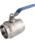 Two Inch Full Port Ball Valve Crafted From Premium 304 Stainless Steel For Heavy Duty Plumbing Jobs That Deliver Rock Solid High Pressure Flow Complete Rust Resistance And Truly Hassle Free Operation, showing stainless steel body and blue handle.