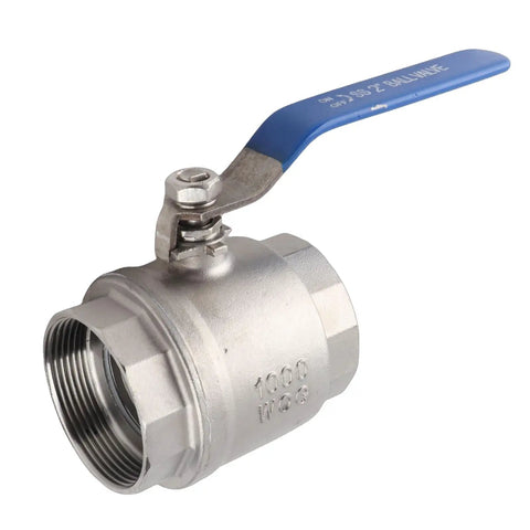 Built Tough 2 Inch Ball Valve 304 Stainless Steel Full Port Pipe Fitting For Commercial Plumbing, close-up of handle and valve.