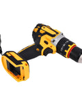 Heavy Duty Cordless Drill Boasting Brushless Motor And Rock Solid One Hundred Newton Meter Torque Reliable Impact Driver With Slick Two Thousand RPM Performance For Tough Work Projects in yellow and black design.