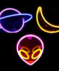 Three Piece Neon Cloud Lightning Planet Signs Kit For Bedroom Wall Decor, LED Neon Lights For Kids Room, glow alien face