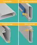Slick Low Profile TV Wall Mount Cord Hider, Paintable Self Adhesive Cable Raceway showing low profile, self adhesive backing, flexible hinge and click-lock lid.