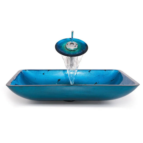 Irruption Blue Rectangular Glass Vessel Sink For Bathroom With Satin Nickel Drain Sleek Modern Look Built To Last Tempered Glass