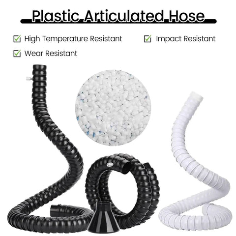 Run Your Shop Smooth With This Pro Level Flexible Welding Fume Extraction Hose Featuring A Heavy Duty Heat Resistant Dust Collector Arm And Swivel Hood - Black and white articulated plastic hoses for fume extraction.