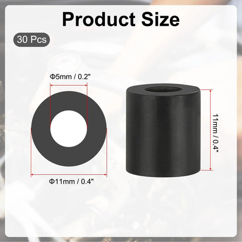 Tough As Nails Neoprene Rubber Spacers 30 Pack Anti Vibration Damping Pads showing product dimensions and black rubber material.