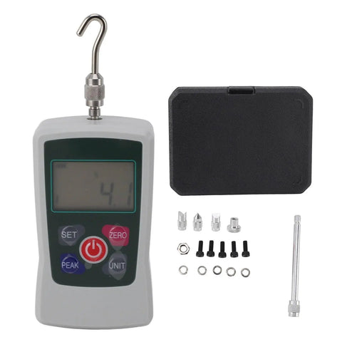 Top Shelf Digital Force Gauge 30N To 300N Handheld Push Pull Tester showing display, accessories, and hook for precision measurements.