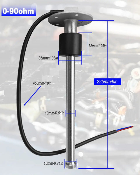 9 Inch Fuel Sending Unit With 0 To 90 Ohm Output And Stainless Steel Housing, detailed dimensions displayed for marine use.
