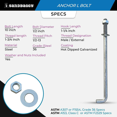 Half Inch By Ten Inch Threaded Concrete Anchor L Bolts With Nuts And Washers Included Hot Dipped Galvanized For Sill Plate Base Plate Installations Masonry Wood Cement Anchors J Bolt Set 100