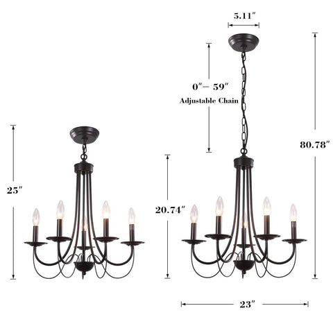 Five Light Farmhouse Chandelier In Black With Classic Candle Ceiling Light Fixture dimensions illustration