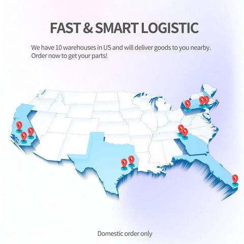 Map showing locations of 10 warehouses in the US for fast logistics and domestic orders delivery.