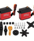 Badass High Torque Coreless Motor Servo Crafted From Tough Aluminum Alloy Housing With Precision Potentiometer And High Resolution Digital Control Chip For Hella Rad Radio Control Steering with accessories and connectors.