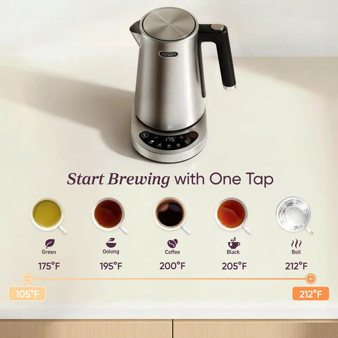 Fast Boiling 1.7L Electric Kettle With Plastic Free Interior And 5 Presets For Tea And Coffee on counter display.
