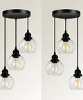 Three Light Pendant Light With Clear Glass Shades, Matte Black Finish, Adjustable Height Industrial Retro Ceiling Hanging Lamp