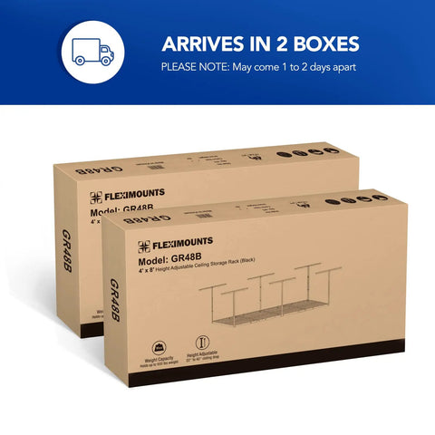 Legit Heavy Duty 4x8 Overhead Garage Ceiling Storage Rack 2 Pack Black Steel Frame in shipping boxes.