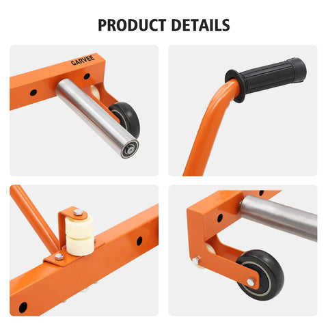 Heavy Duty Tire Dolly With Smooth Rolling 360 Swivel Casters And Rock Solid Adjustable Base product details showing casters and handle.