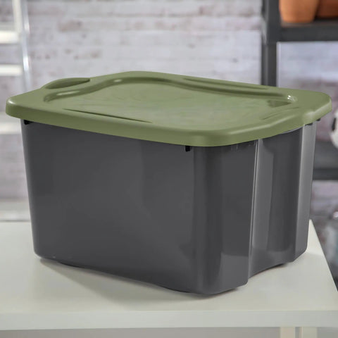 Heavy Duty 17.5 Gallon Plastic Storage Bin With Clear Lid And Full Length Through Wall Handles Gray Opaque Base Stacks Tight 70 Quart Tote displayed at an angle.