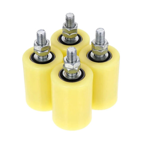 4 Piece Heavy Duty Nylon Guide Rollers Tough As Nails Sliding Door Pulley Blocks with threaded stems and sealed cores.