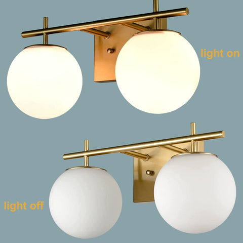 Gold Two Light Wall Sconce With Brass Finish And Milky White Glass Globe, Modern Vanity Light for Bathrooms, light on and off