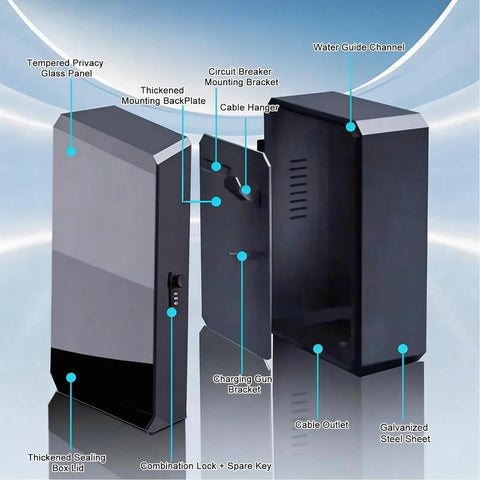 Heavy Duty Outdoor EV Charger Enclosure With Pedestal Stand All Season Lock Box For Electric Cars, showcasing features like tempered glass and cable outlet.