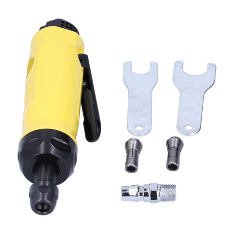 Compact Pneumatic Air Angle Die Grinder Featuring Sealed Ball Bearings And Knockout Performance For Nasty Rust Removal And Smooth One Hand Control On Job Sites And Garage Benches with accessories.