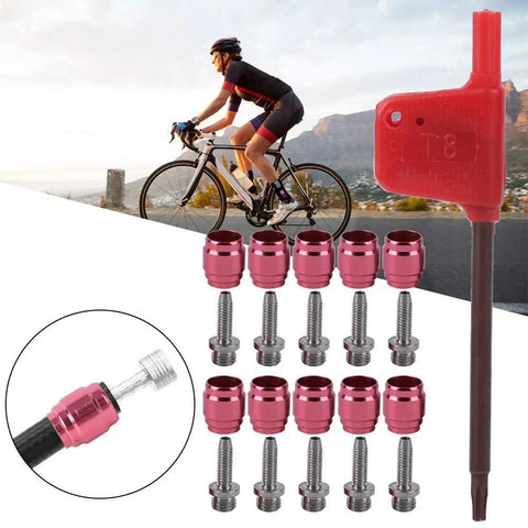 All In One Hydraulic Bike Fitting Kit With 10 Barbed Olive Set And Stainless Steel Brake Line Needles Plus T8 Tool For Universal Hydraulic Brake Installations Quick And Easy Road And Mountain Bike Repairs displayed with T8 tool and cyclist in background