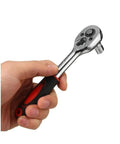 Hand holding Top Shelf Chrome Vanadium Socket Wrench Set With Ratchet Handle And Extension Bar For Home Repair Precision Metric Sockets.