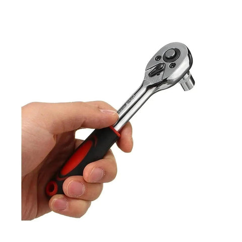 Hand holding Top Shelf Chrome Vanadium Socket Wrench Set With Ratchet Handle And Extension Bar For Home Repair Precision Metric Sockets.