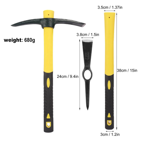 Three Pack 15 Inch Garden Pick Axes with Fiberglass Handles, Cast Steel Double Head for Gardening shown with dimensions.