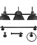 Five Piece Matte Black Bathroom Accessory Set With A 24 Inch Three Light Vanity Fixture E26 Base Towel Bar Towel Ring Robe Hook