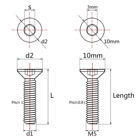 Diagram showing dimensions for Premium Gr5 Titanium Countersunk Flat Head Bolts M5 X 30Mm Sweet Gold Finish Hex Allen Drive.