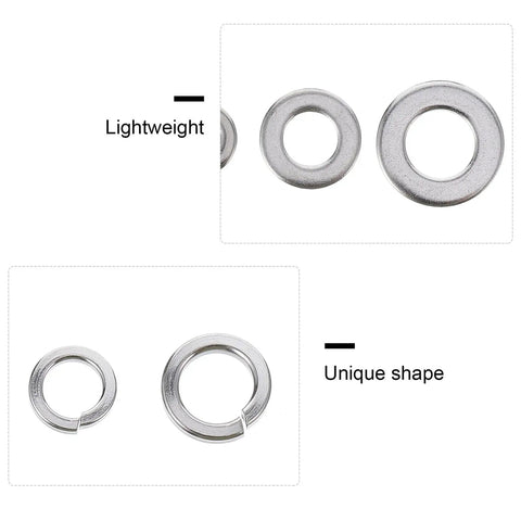 Close-up of washers from 600 Piece Stainless Steel Spring Lock Washer Kit To Prevent Loosening And Handle Alternating Load