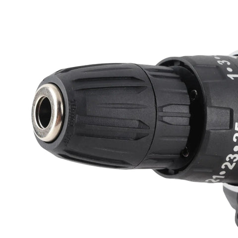 Close-up view of the chuck of the Badass Brushless Cordless Drill Kit Featuring Twenty Five Adjustable Torque Settings And One Thousand Four Fifty RPM Speed.
