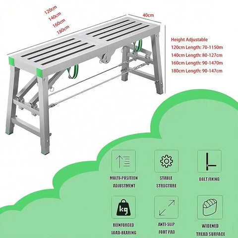 Built Tough Adjustable Portable Foldable Scaffold Tower Ladder Bench With 400kg Capacity shown with height adjustments