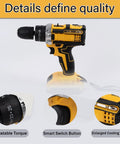 Heavy Duty Brushless Cordless Electric Drill Featuring Pro Level Torque Control And Snappy Variable Speed Trigger with adjustable torque settings.