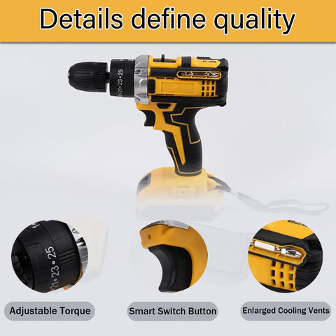 Rock Solid Brushless Cordless Drill Driver With Beast Mode Torque Controls And Smooth Variable Speed Dial, showcasing adjustable torque and smart switch.