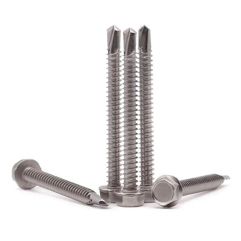 Number 10 X Two Point Five Inch Self Piercing Hex Washer Head Screws For Sheet Metal 50 Pack 410 Stainless Steel fasteners arranged.