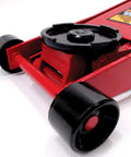 Close-up of Heavy Duty Hydraulic Low Profile Floor Jack With Dual Piston Quick Lift Pump And 3.5 Ton 7000 Lb Capacity wheels and base.