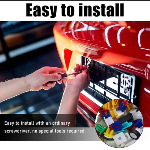 200 Piece Nylon Auto Fastener Kit With License Plate Screws Inserts Grommets And Nuts For Body Panels Bumper Fender Grille Headlamp And Door Trim Perfect For DIY Car Fixes And Quick Repairs, shown being installed on a red vehicle bumper.