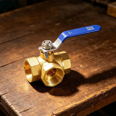 Built Tough Forged Brass Three Way Valve T Type Half Inch Bsp Thread Heavy Duty Plumbing Connector with blue handle.