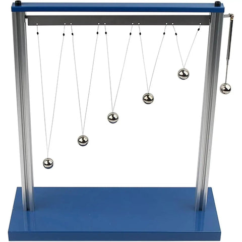 Pendulum Resonance Demonstrator For Forced Vibration And Resonance Experiments With Ball Type Pendulums Bracket And Five Steel Pendulum Balls For Hands On Classroom Physics Lab on a blue base.
