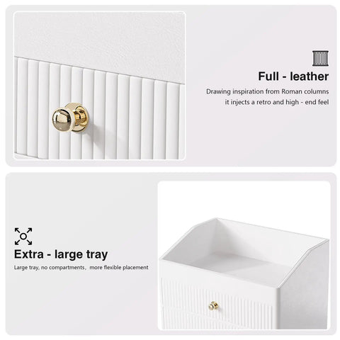 Beige White Vegan Leather Office Organizer With Three Drawers And Tray, Perfume And Jewelry Storage, Gold Tone Metal Knob Accent