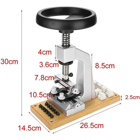 Top Tier Premium Watch Case Opener Tool Set Hella Tough Bench Press Vice with detailed dimensions for precise wristwatch maintenance.