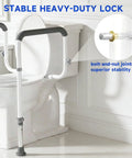 Adjustable Toilet Safety Rails For Seniors With Locking Mounts To Seat Holes For A Rock Solid Base, shown with sturdy padded handles.