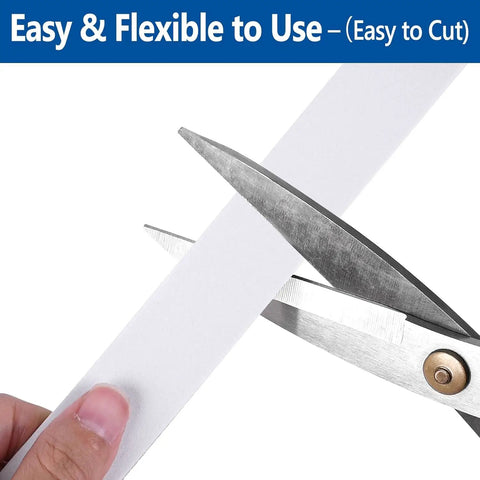 Cutting Peel and Stick Foam Weather Stripping Tape 1 Inch Wide 66 Feet Long High Density Insulation with scissors