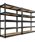 Heavy Duty 5 Tier Bolt Free Storage Shelving Rack 2 Pack Quick Snap Metal Shelves in black with wooden shelves for garage or workshop.