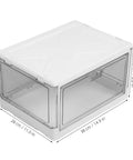 Clear Stackable Storage Bins With Transparent Slide Front Doors Absolute Game Changer Closet Organization And Bedroom Decluttering Zero Stress Everyday Gear Tidy Up, clear plastic box with dimensions shown.