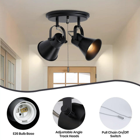 Two Light Black Track Lighting With Pull Chain Industrial Adjustable Ceiling Light Fixture in kitchen setting