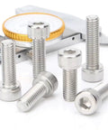 Bad Boy M2.5 X 17mm Socket Head Cap Screws, Allen Key Drive 304 Stainless Steel With Corrosion Resistance And Full Thread Bright Finish, DIN912 Metric Fasteners, 30 Pack Of Heavy Duty Power Bolts arranged with a caliper for measurement.