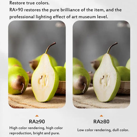 Comparison of high color rendering in RA≥90 and low color rendering in RA≥80 with pears, highlighting color accuracy and brightness.