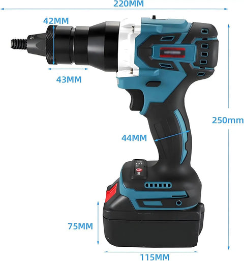 Rock Solid Cordless Automatic Rivet Gun Kit With Bright Led And 4000 Mah Battery For M3 Through M12 Threads, side view showing dimensions.