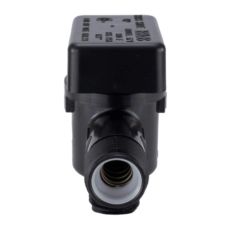RV Vacuum Breaker Check Valve Protects Fresh Water From Pollutants And Backflow In Your RV Water System Ideal For One Fixture Use For Safe Fresh Water On The Go Made In America, front view of black plastic valve showing pipe opening with white insert